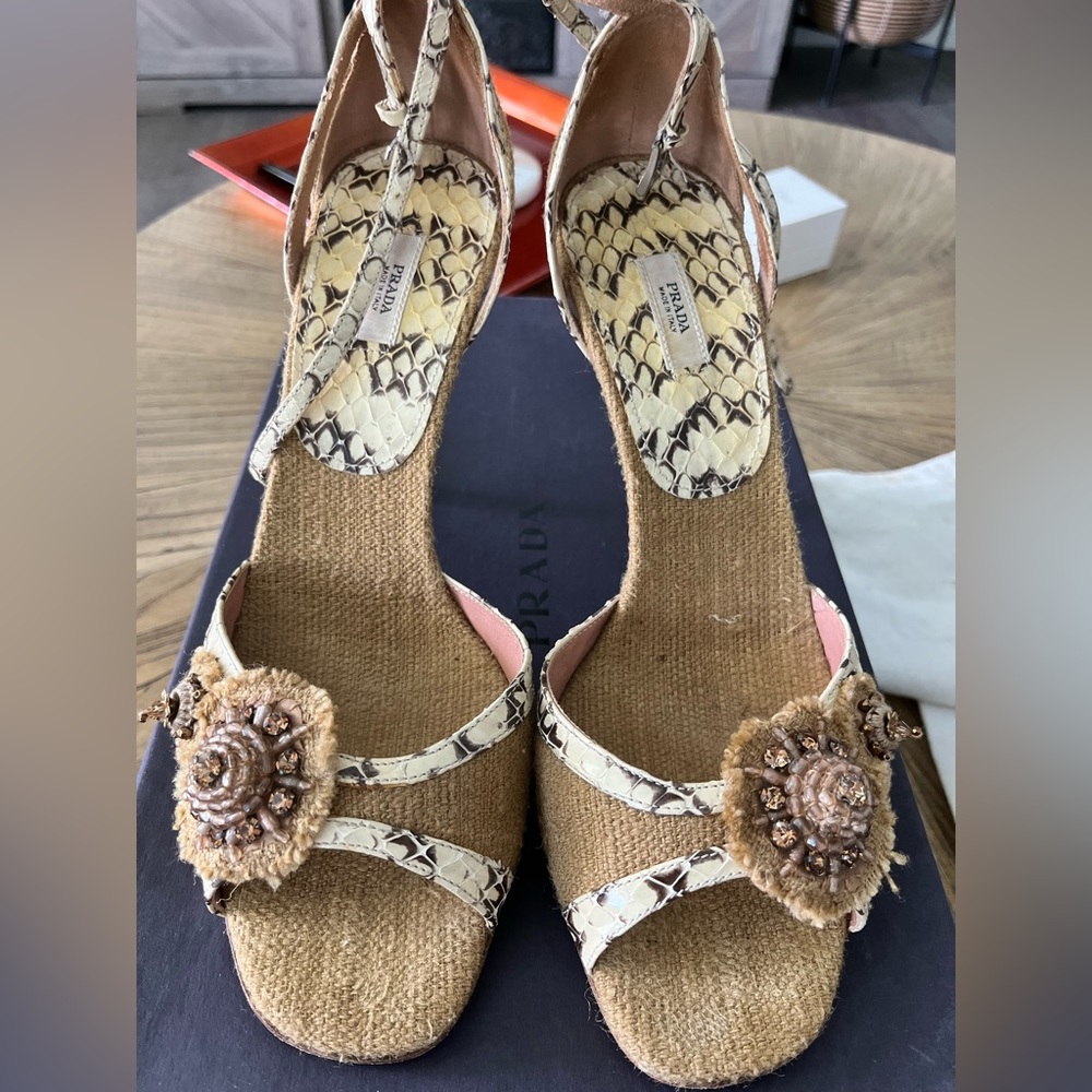 Prada Python Leather Textile Slingback Heel 39 Na… - image 1